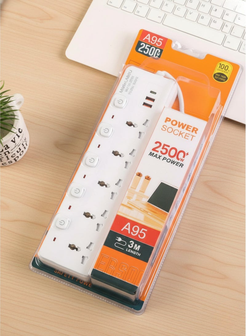 vexa pro 3M 5-Way Power Strip Extension Socket with 2 USB Ports & 1 Type-C Port, 3M Cable, Universal Socket Lead For Home/Office/Travel  – White - Image 4